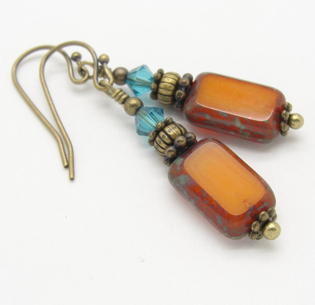 Pumpkin and Blue Rectangle Earrings with Czech Glass Beads and Antiqued Brass