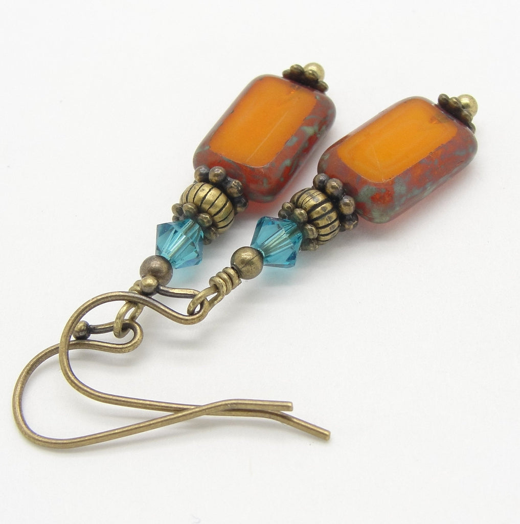 Pumpkin and Blue Rectangle Earrings with Czech Glass Beads and Antiqued Brass up