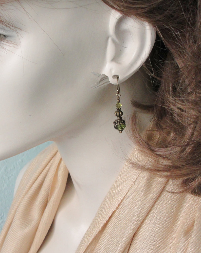 Olive Green Victorian Earrings with Tibetan Style Antiqued Brass Bead Caps on