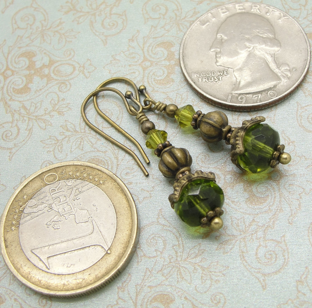 Olive Green Victorian Earrings with Tibetan Style Antiqued Brass Bead Caps coins