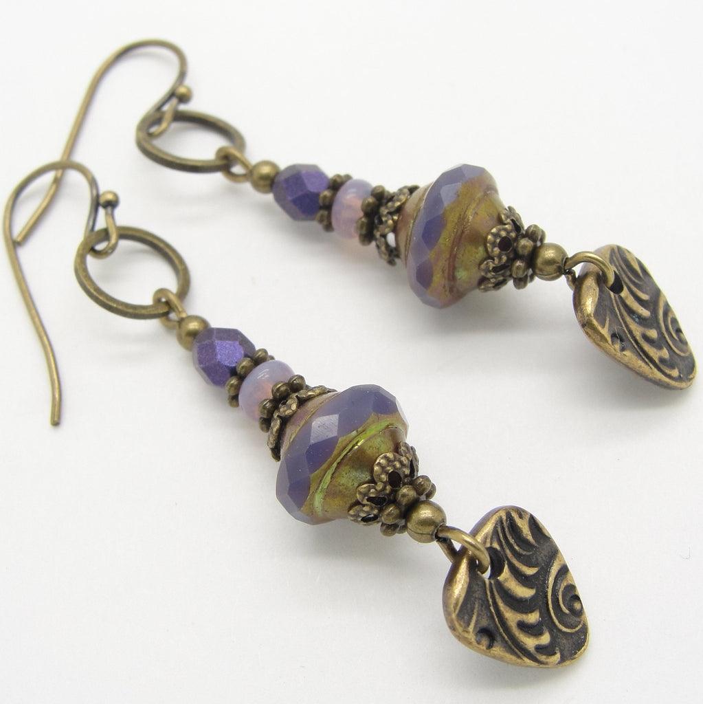 Long Purple Boho Earrings with Bohemian Dangles in Antiqued Brass by Cloud Cap Jewelry