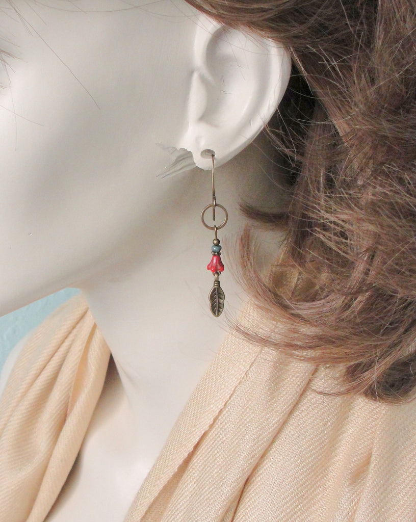 Long Boho Blue and Red Flower Earrings with Feather Dangles in Antiqued Brass on