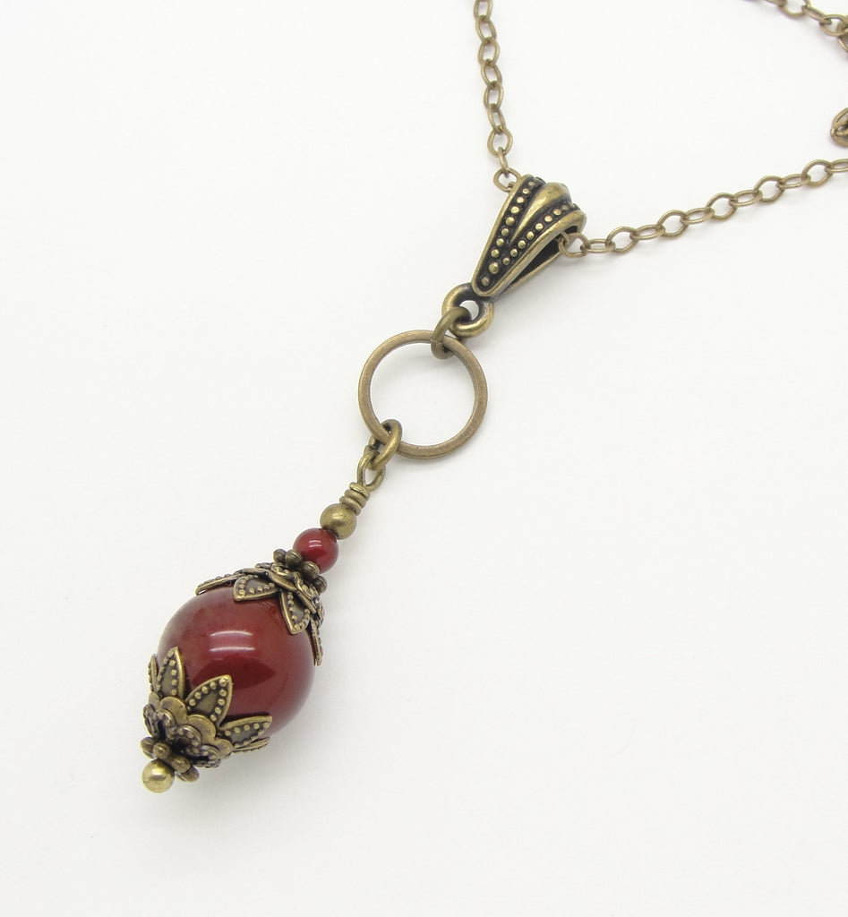 Red Victorian Necklace with Swarovski Pearls in Bordeaux Wine Color
