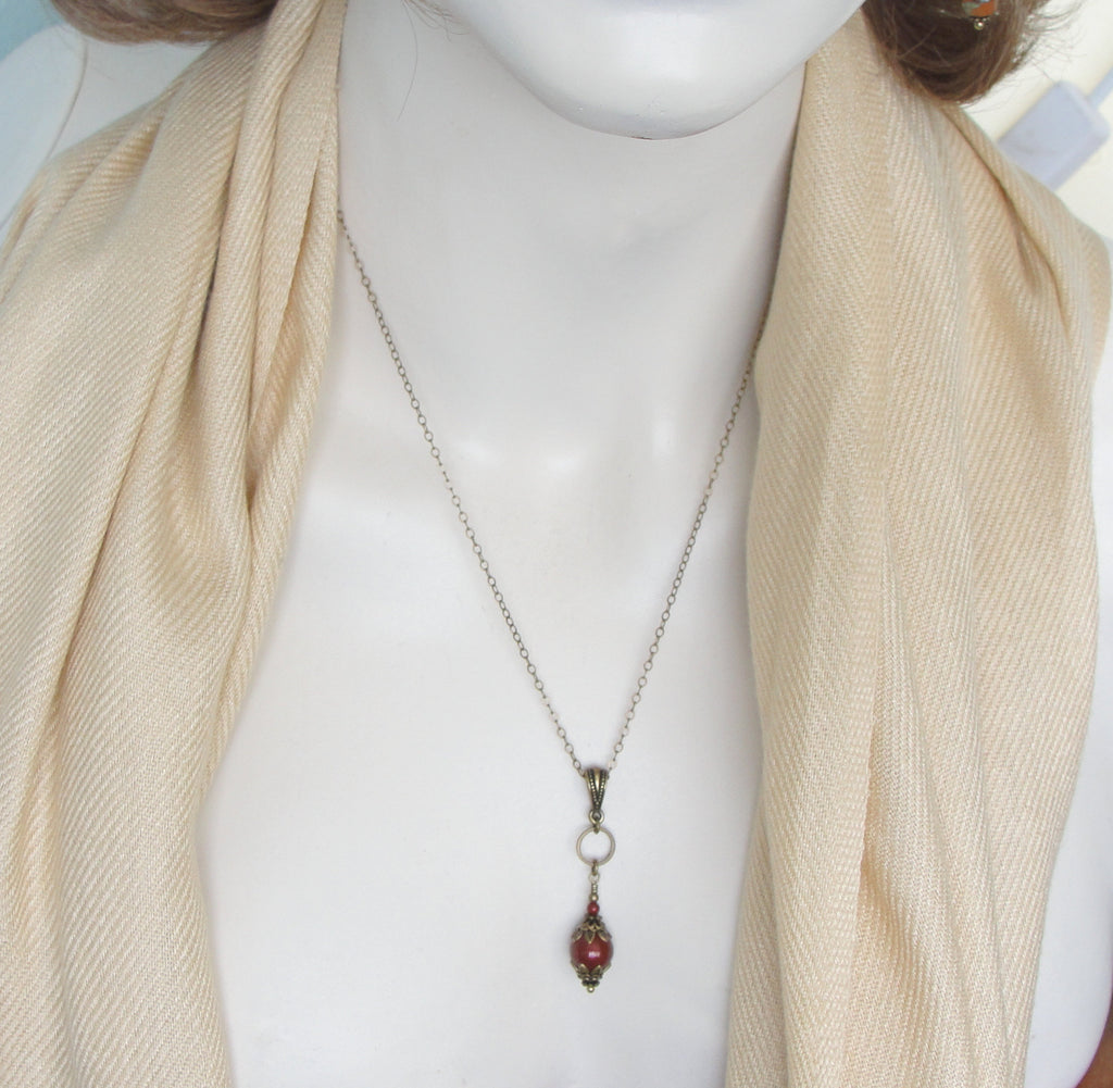 Red Victorian Necklace with Swarovski Pearls in Bordeaux Wine Color on