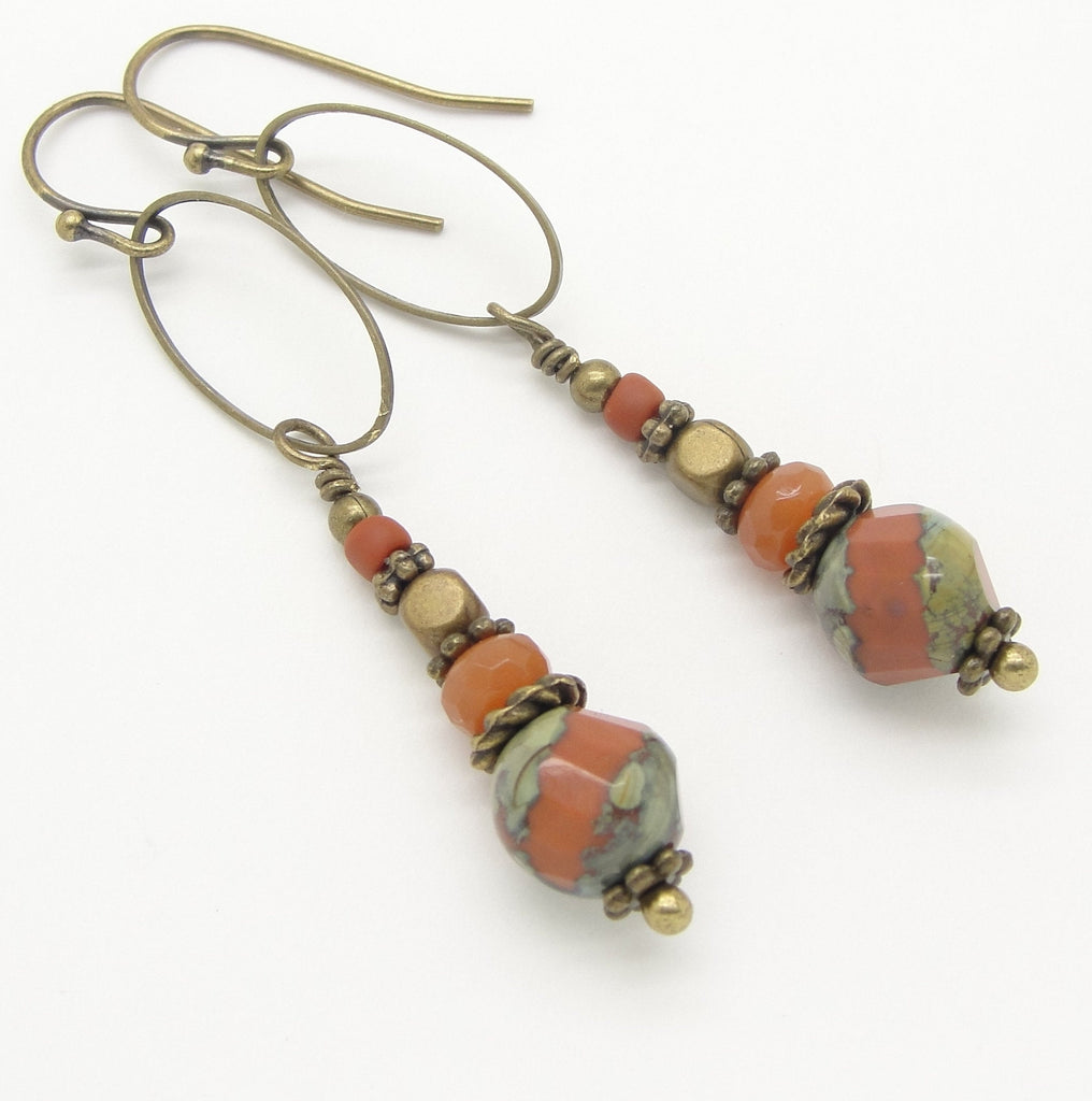 Long Boho Terra Cotta Orange Earrings with Stacked Czech Glass Beads and Antiqued Brass