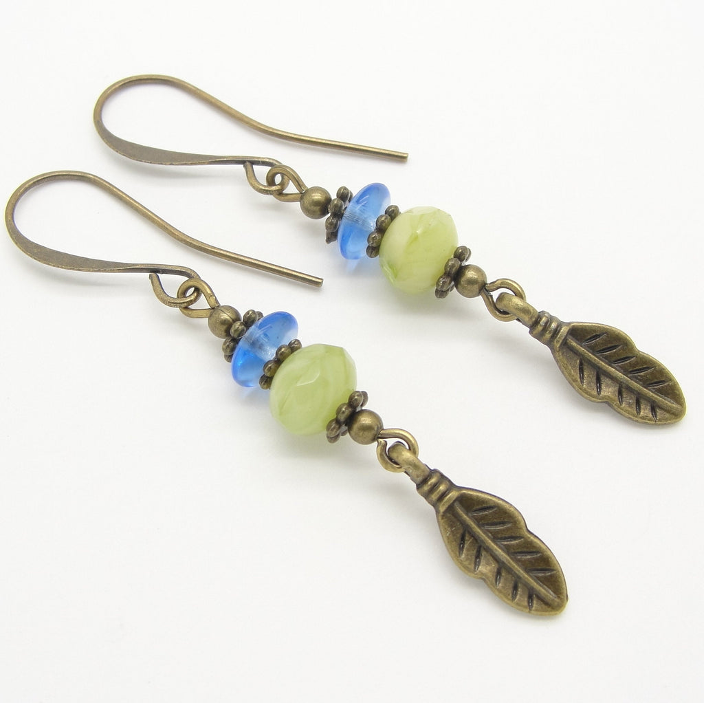 Long Boho Blue and Lime Green Earrings with Feather Dangles in Antiqued Brass by Cloud Cap Jewelry