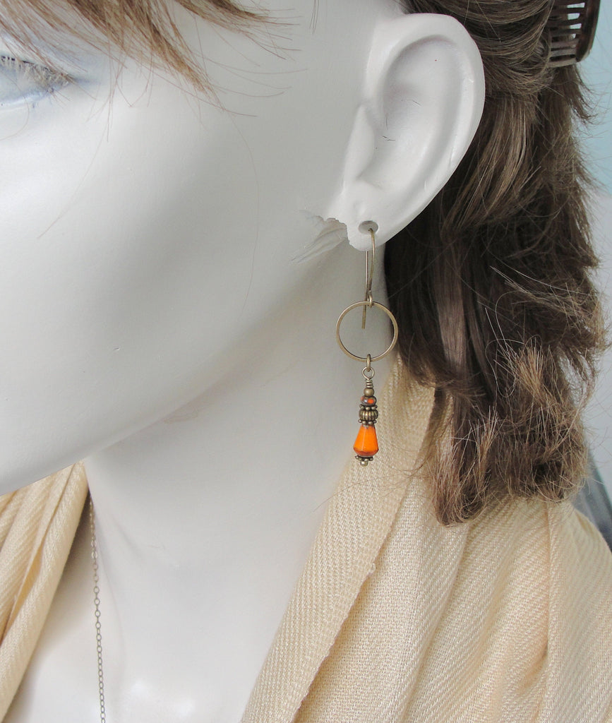 Long Safety Orange Earrings with Stacked Beads and Antiqued Brass Hoops on