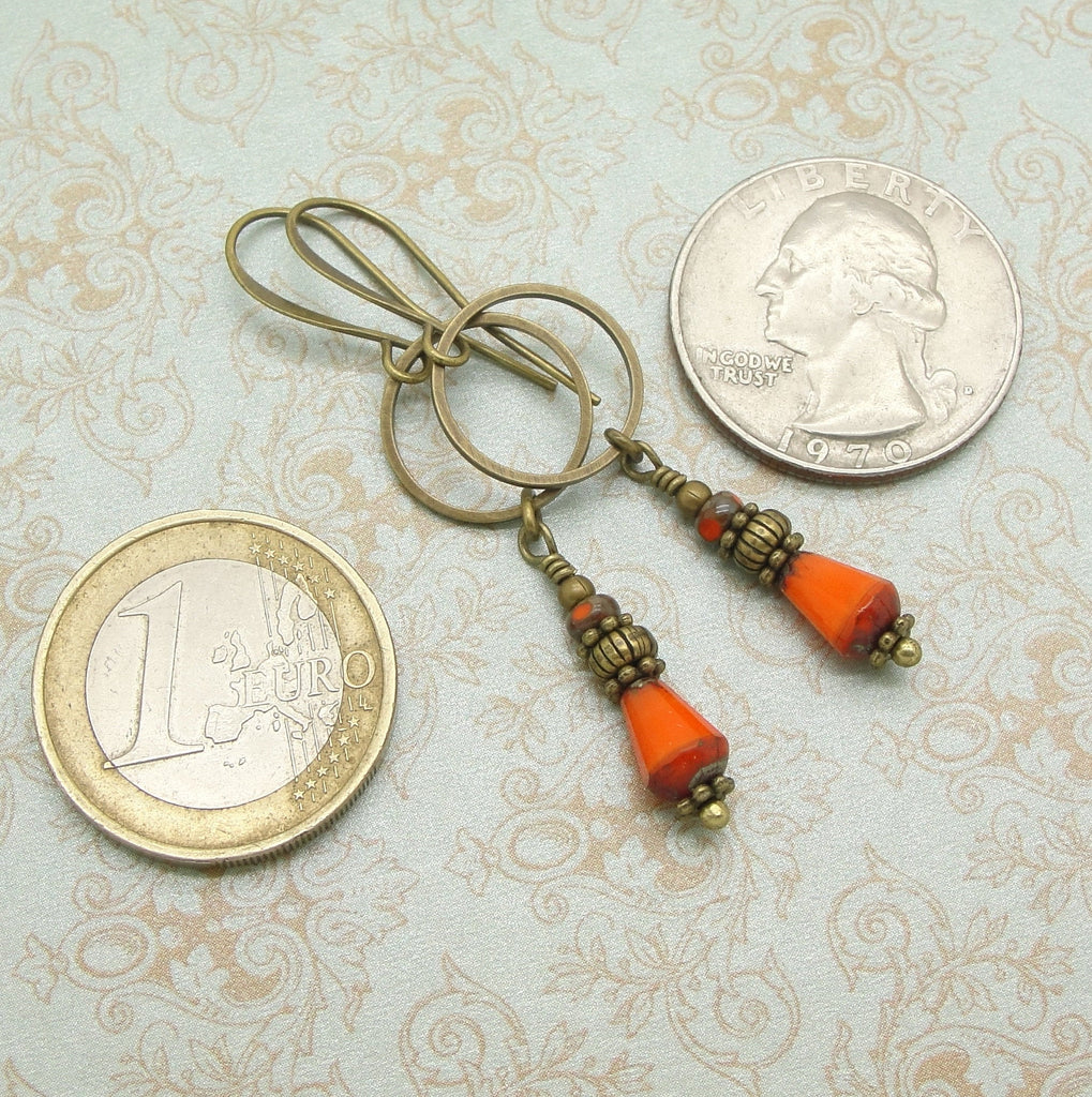 Long Safety Orange Earrings with Stacked Beads and Antiqued Brass Hoops coins