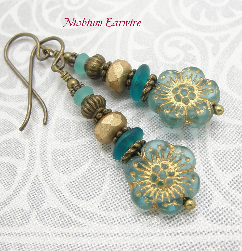 Teal and Gold Tone Flower Earrings in the Stacked Style with Niobium Earwires
