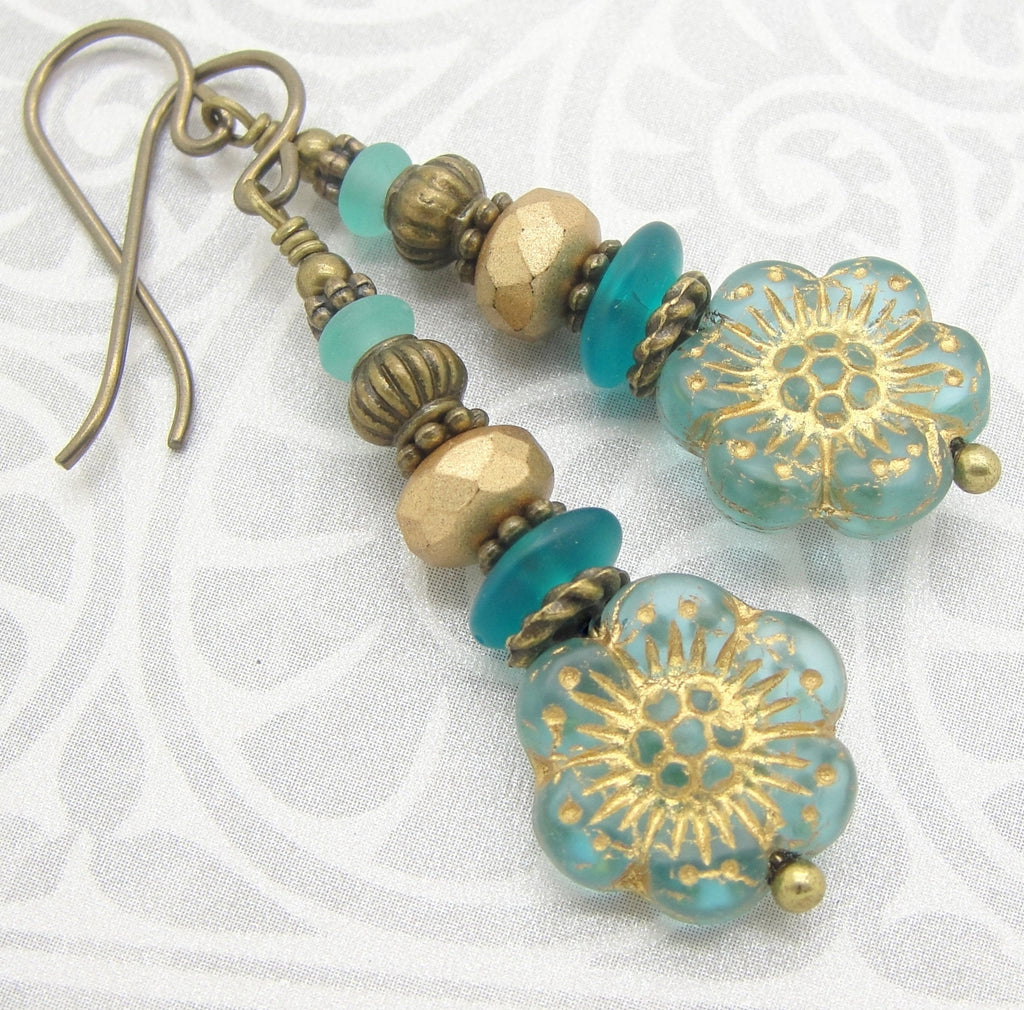 Teal and Gold Tone Flower Earrings in the Stacked Style with Choice of Niobium or Brass Earwires close