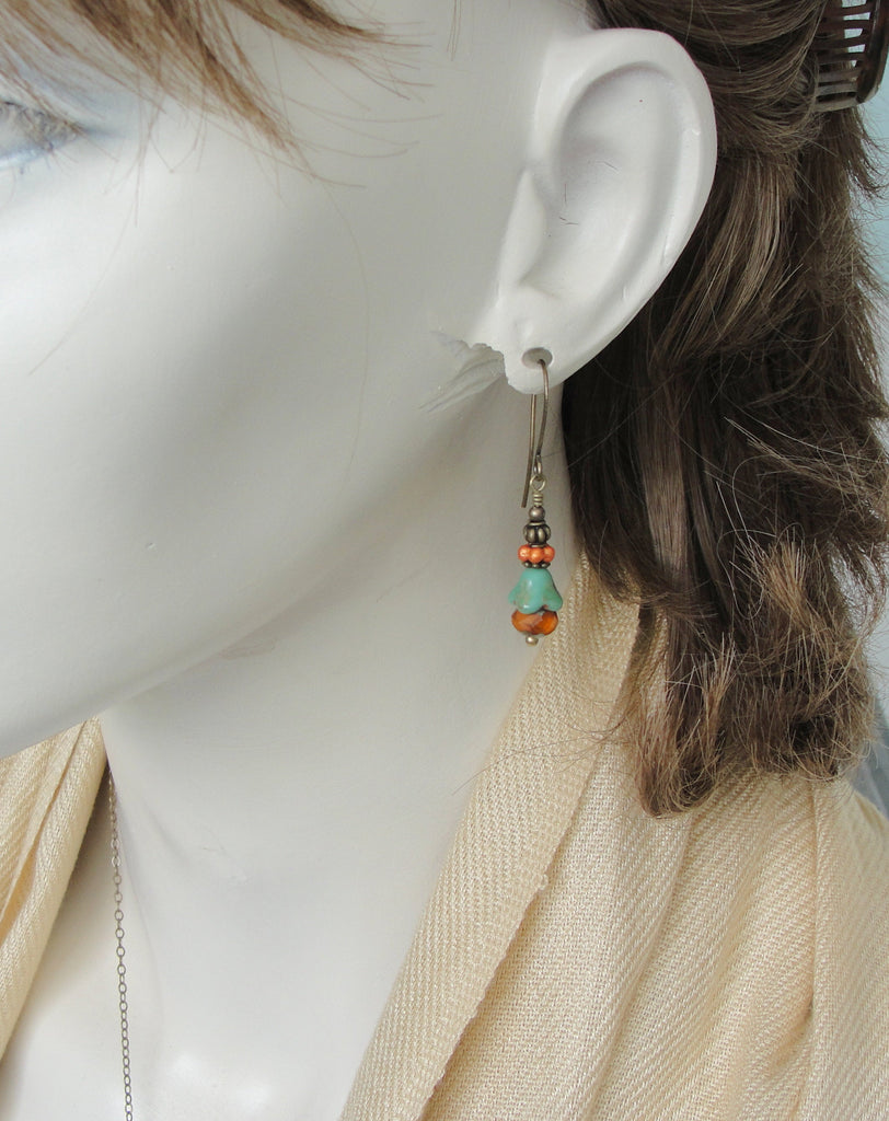 Turquoise Greenish Blue and Orange Boho Flower Earrings with Antiqued Brass on