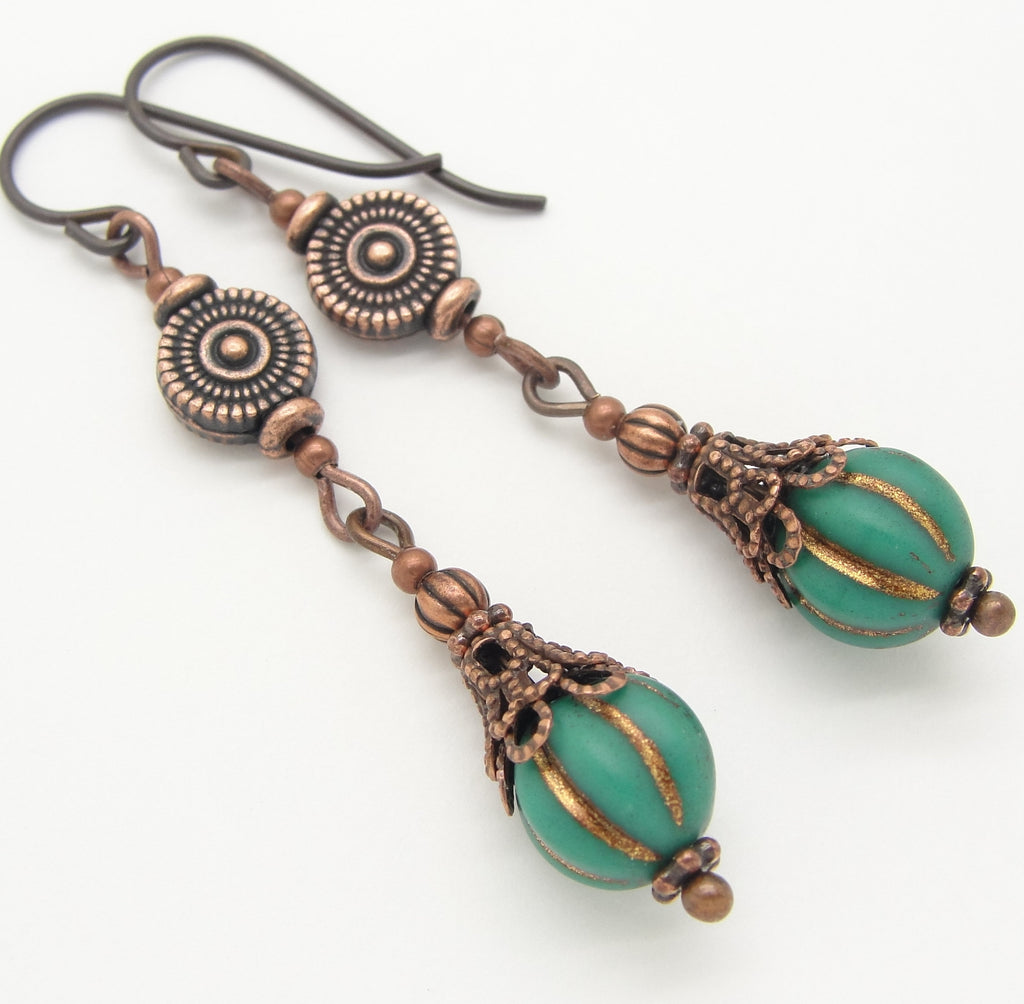 boho victorian style earrings in turquoise blue and copper