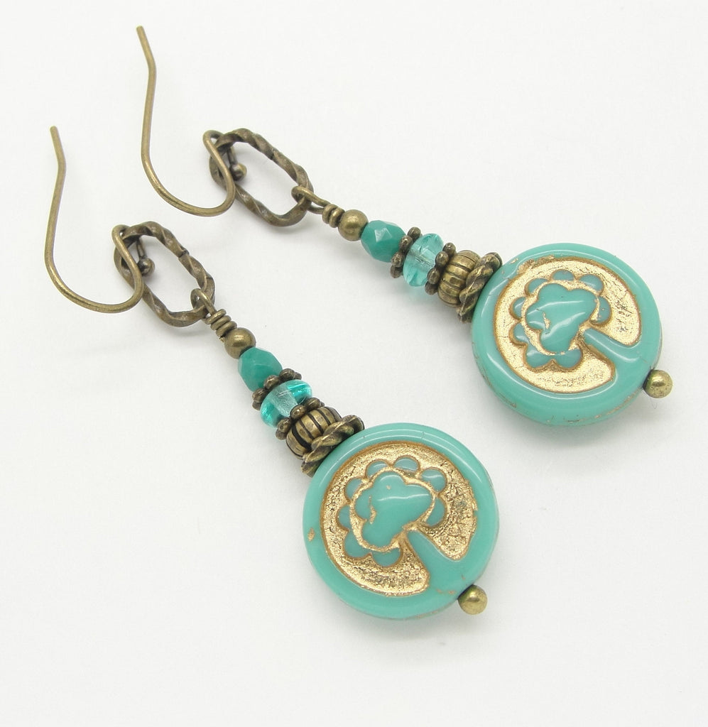 Tree of Life Earrings in Turquoise Blue and Aqua Czech Glass by Cloud Cap Jewelry