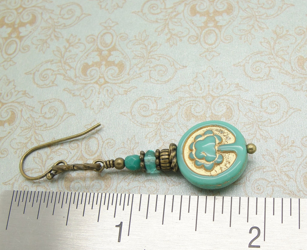 Tree of Life Earrings in Turquoise Blue and Aqua Czech Glass  ruler