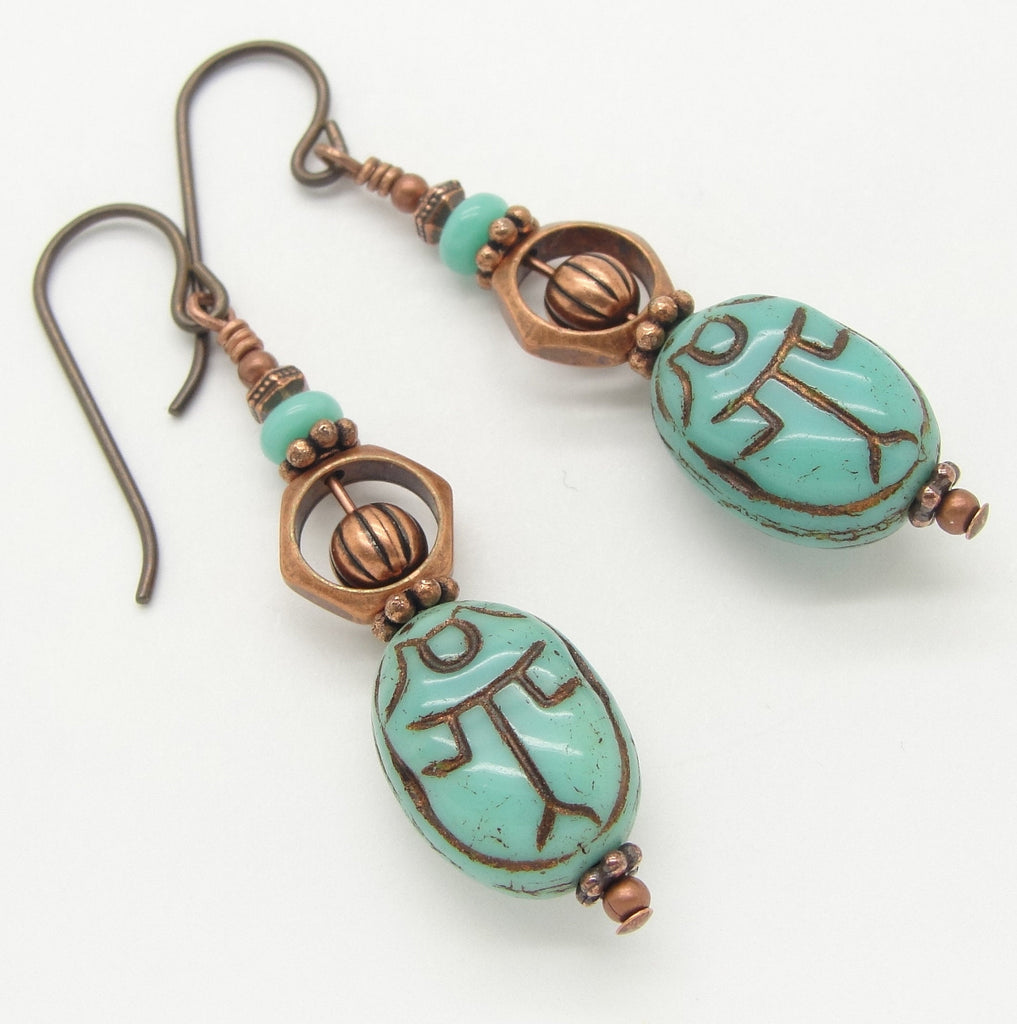 Scarab Earrings in Antiqued Copper with Turquoise Blue Glass Beads