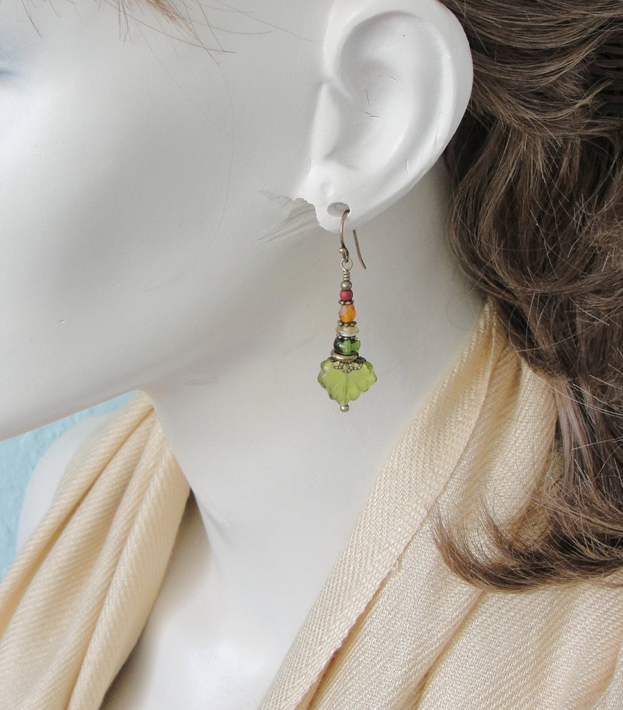 Spring Green Brown and Red Boho Leaf Earrings with Antiqued Brass  on