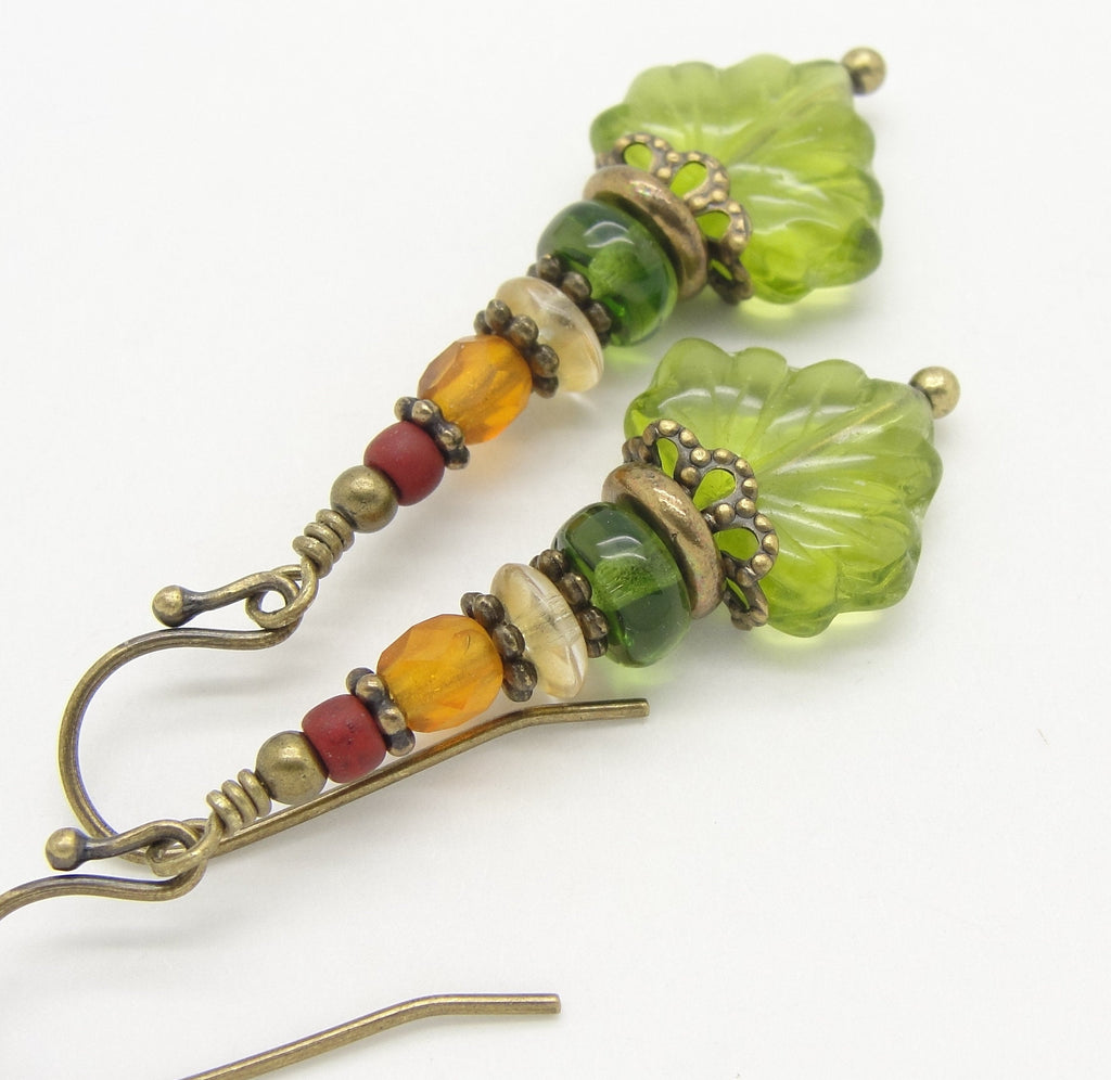 Spring Green Brown and Red Boho Leaf Earrings with Antiqued Brass 