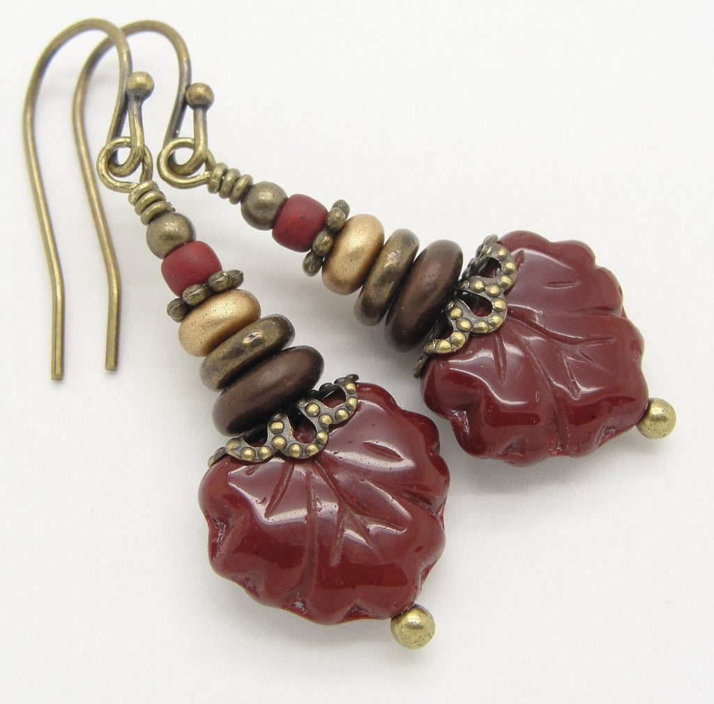 Cranberry Red and Brown Boho Leaf Earrings and Antiqued Brass by Cloud Cap Jewelry
