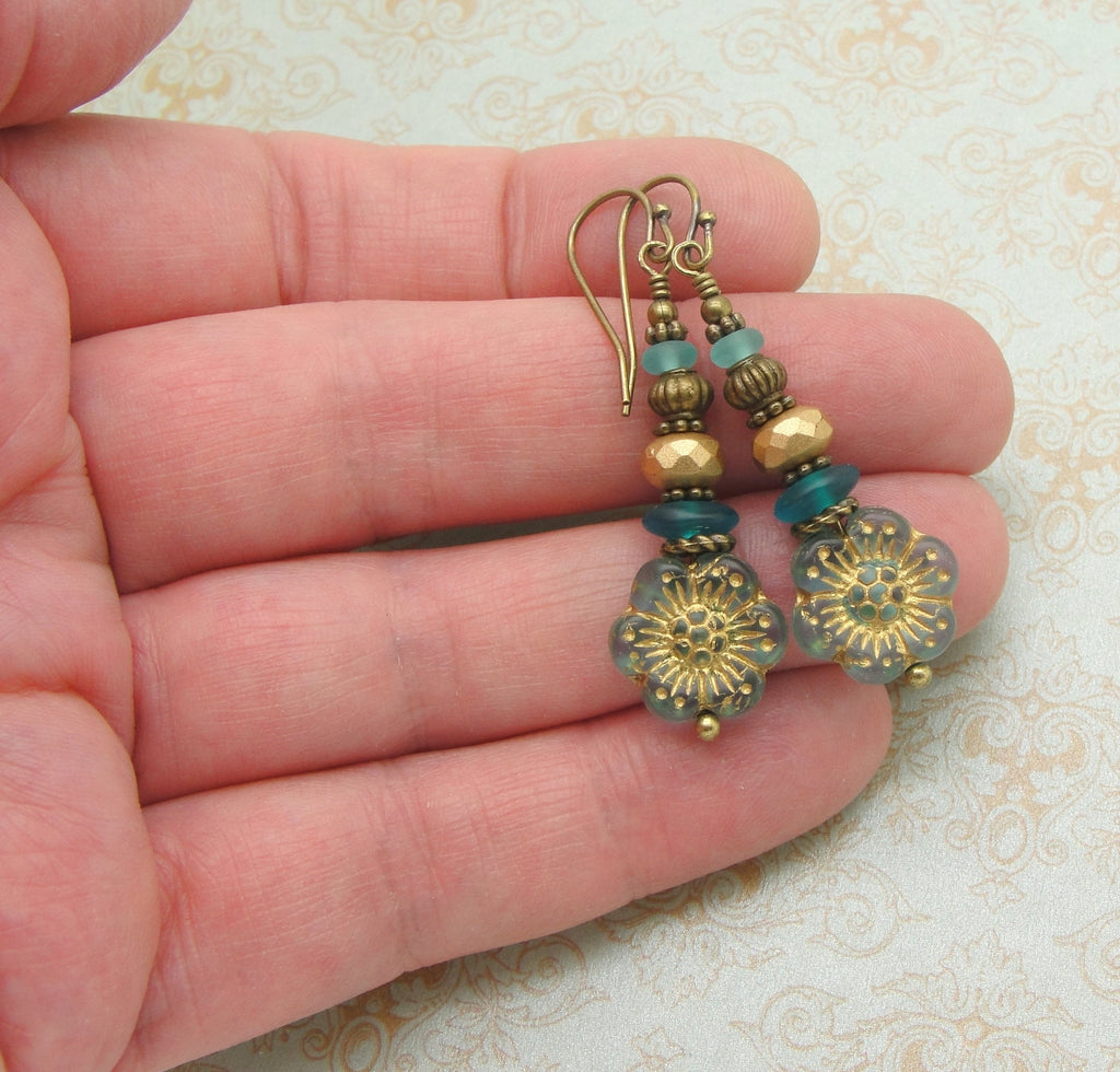 Teal and Gold Tone Flower Earrings in the Stacked Style with Choice of Niobium or Brass Earwires hand