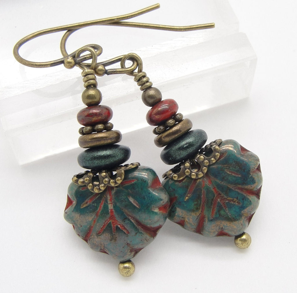 Dark Green and Red Boho Leaf Earrings with Metal Discs and Antiqued Brass