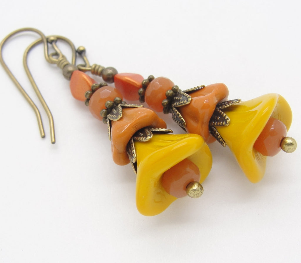 Terra Cotta and Mustard Yellow Flower Earrings with Czech Glass Beads