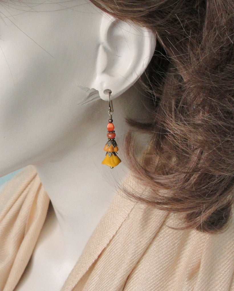 Terra Cotta and Mustard Yellow Flower Earrings with Czech Glass Beads on