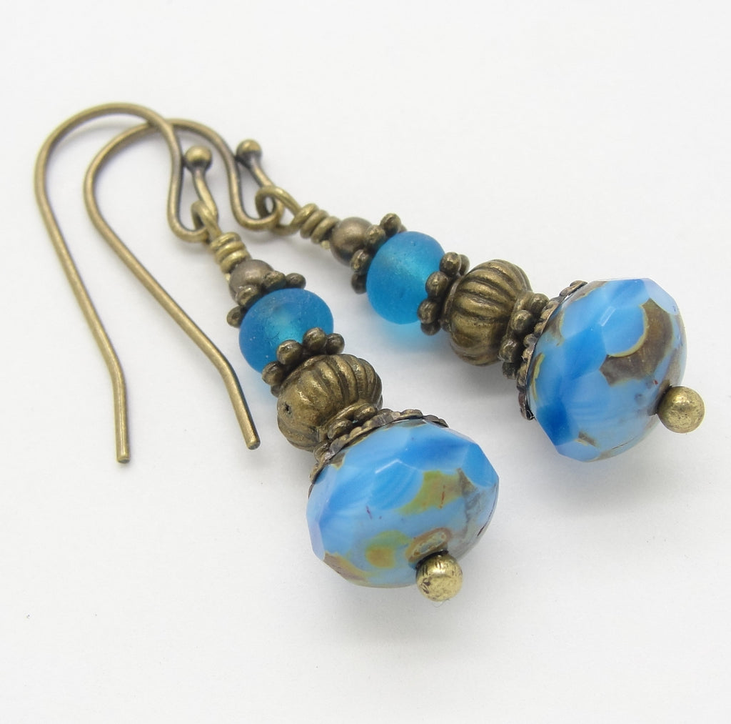 Little Sky Blue Czech and Beach Glass Beads with Antiqued Brass Bead Caps
