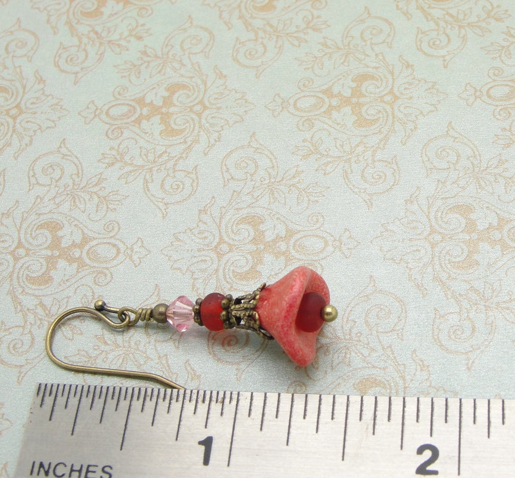 Pink and Red Flower Earrings with Matte Beach Glass and Antiqued Brass by Cloud Cap Jewelry ruler
