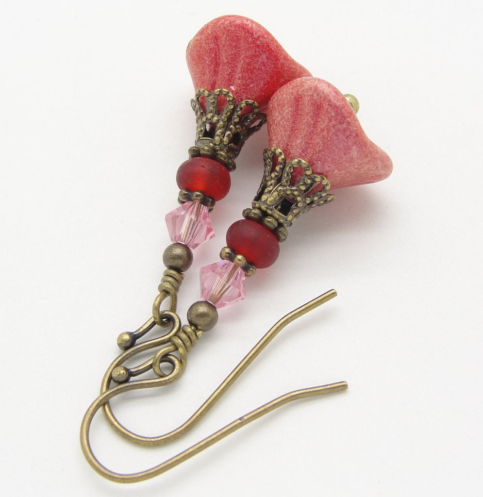 Pink and Red Flower Earrings with Matte Beach Glass and Antiqued Brass by Cloud Cap Jewelry