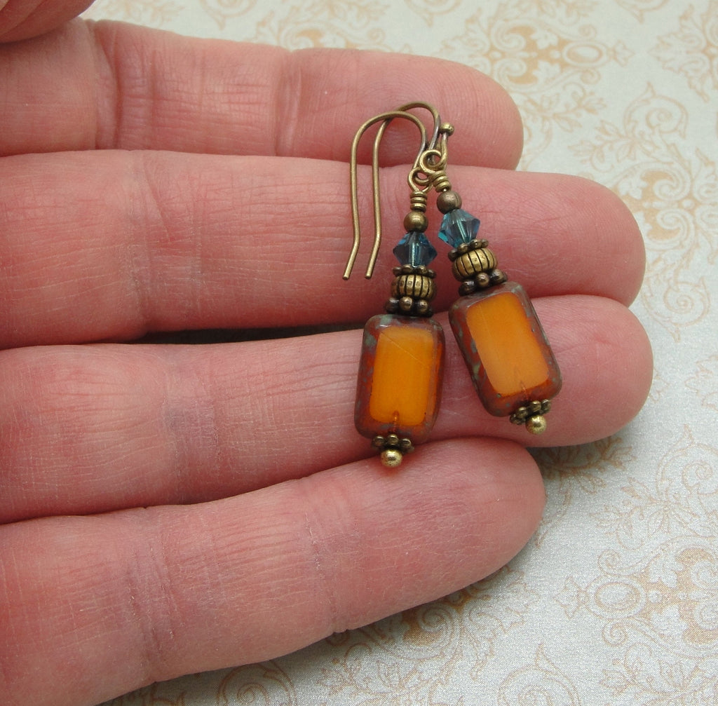 Pumpkin and Blue Rectangle Earrings with Czech Glass Beads and Antiqued Brass hand