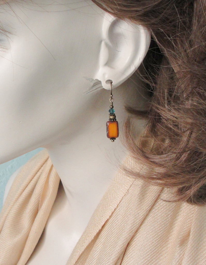 Pumpkin and Blue Rectangle Earrings with Czech Glass Beads and Antiqued Brass on