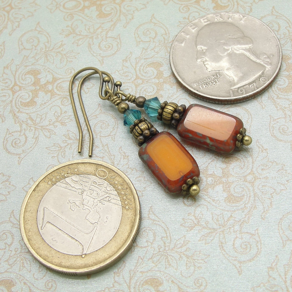 Pumpkin and Blue Rectangle Earrings with Czech Glass Beads and Antiqued Brass coins