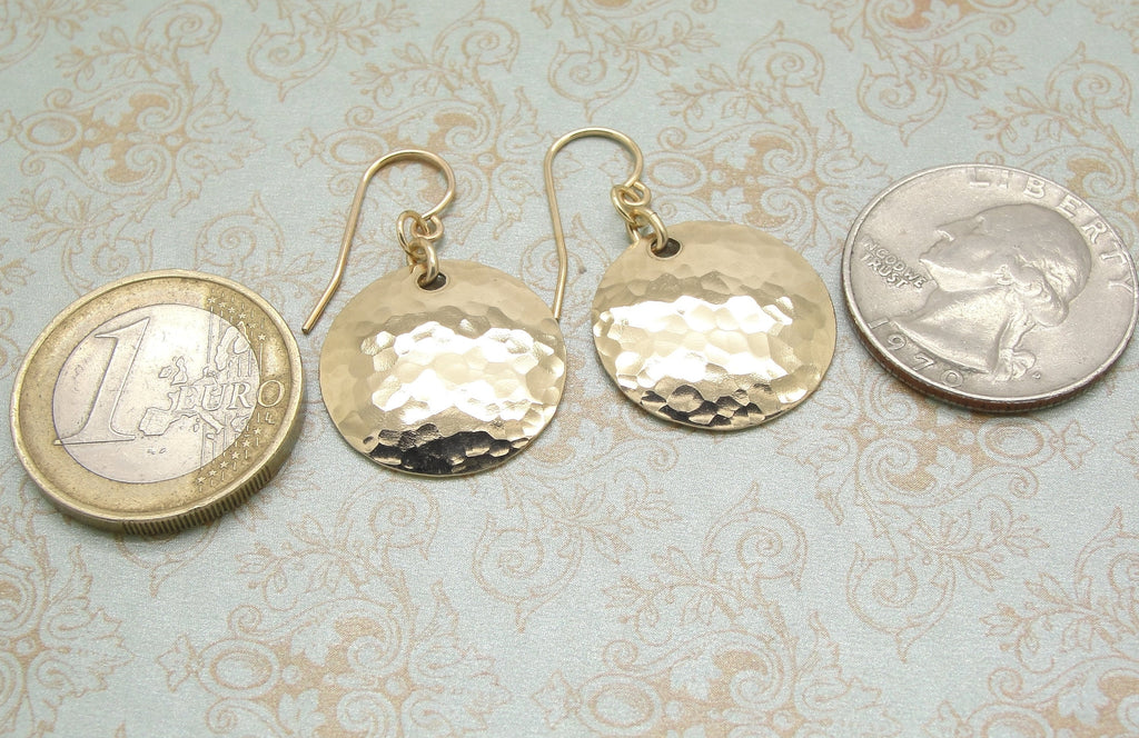 Small 14K Gold Filled Hammered Disk Earrings in 3/4 Inch Sized Discs coins