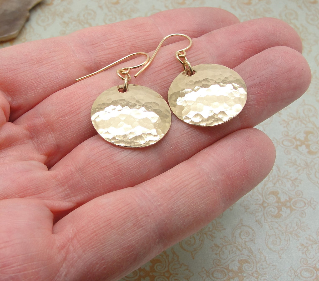 Small 14K Gold Filled Hammered Disk Earrings in 3/4 Inch Sized Discs hand