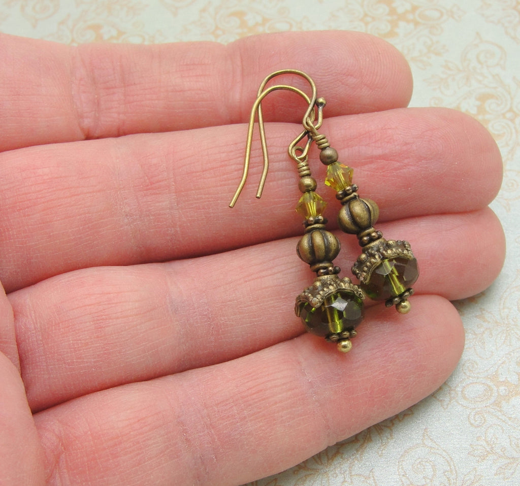 Olive Green Victorian Earrings with Tibetan Style Antiqued Brass Bead Caps hand