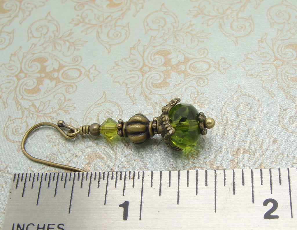 Olive Green Victorian Earrings with Tibetan Style Antiqued Brass Bead Caps hand