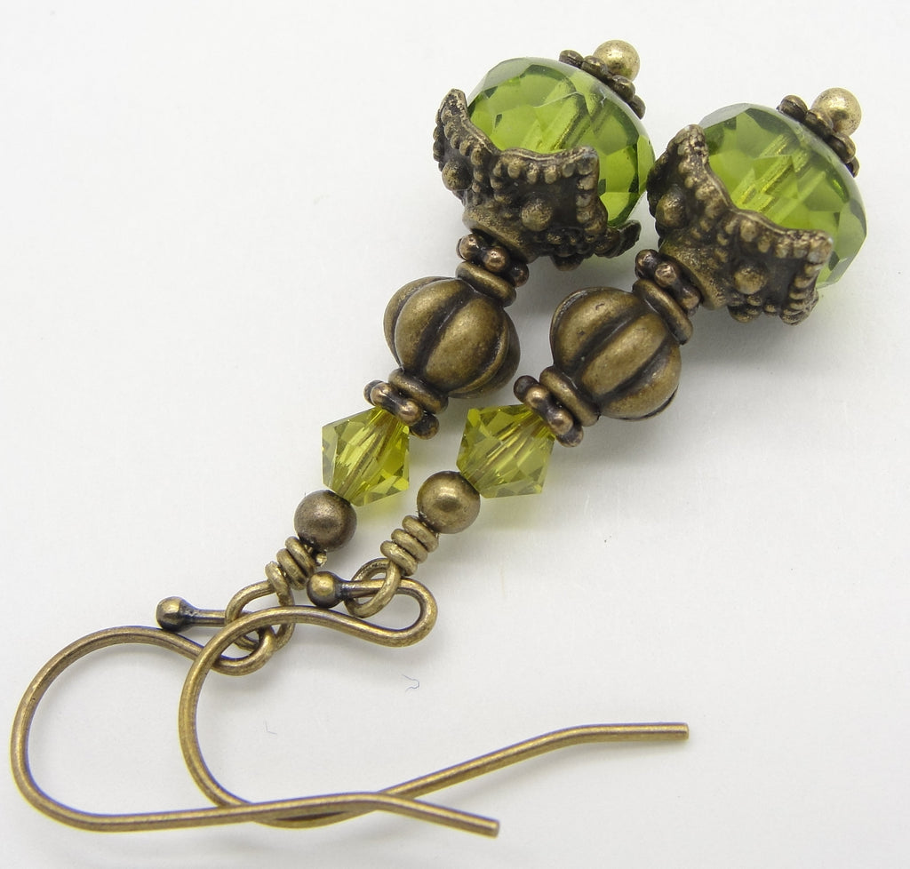 Olive Green Victorian Earrings with Tibetan Style Antiqued Brass Bead Caps by Cloud Cap Jewelry