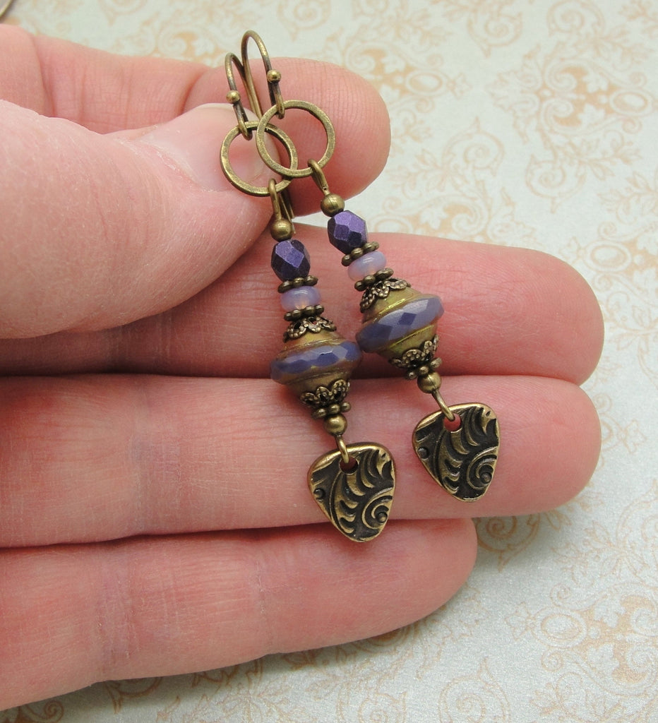 Long Purple Boho Earrings with Bohemian Dangles in Antiqued Brass hand