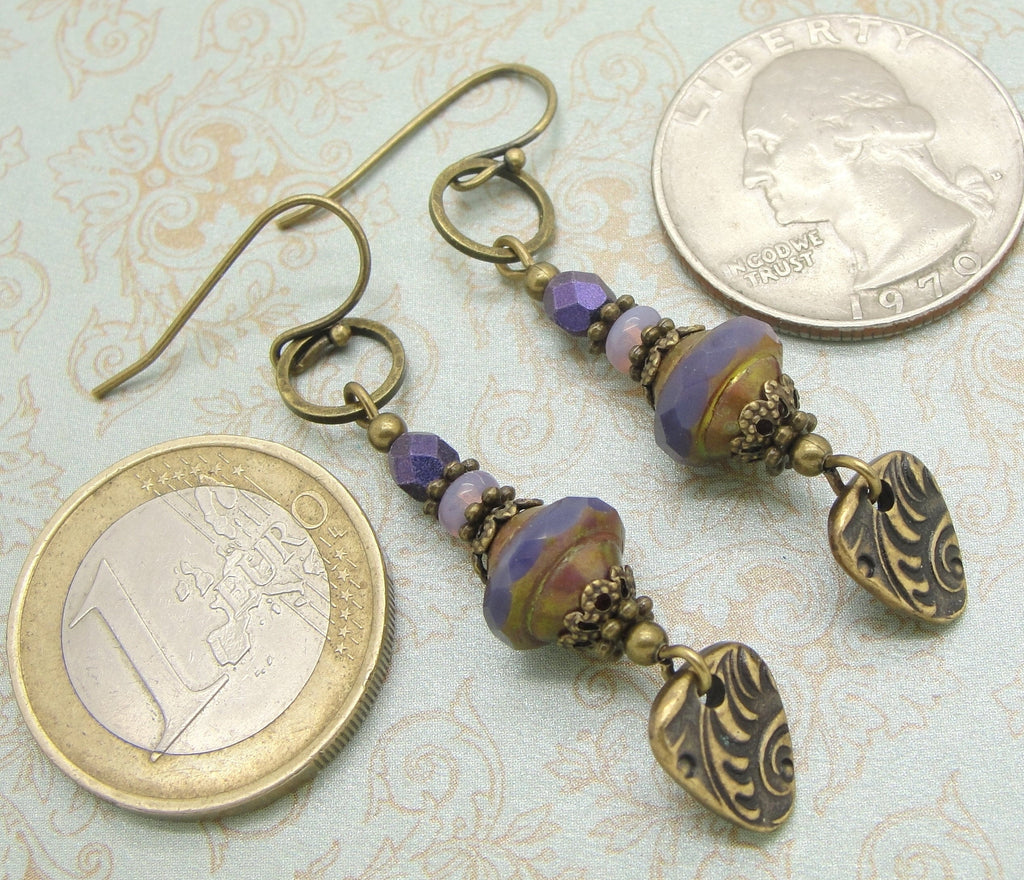 Long Purple Boho Earrings with Bohemian Dangles in Antiqued Brass coins