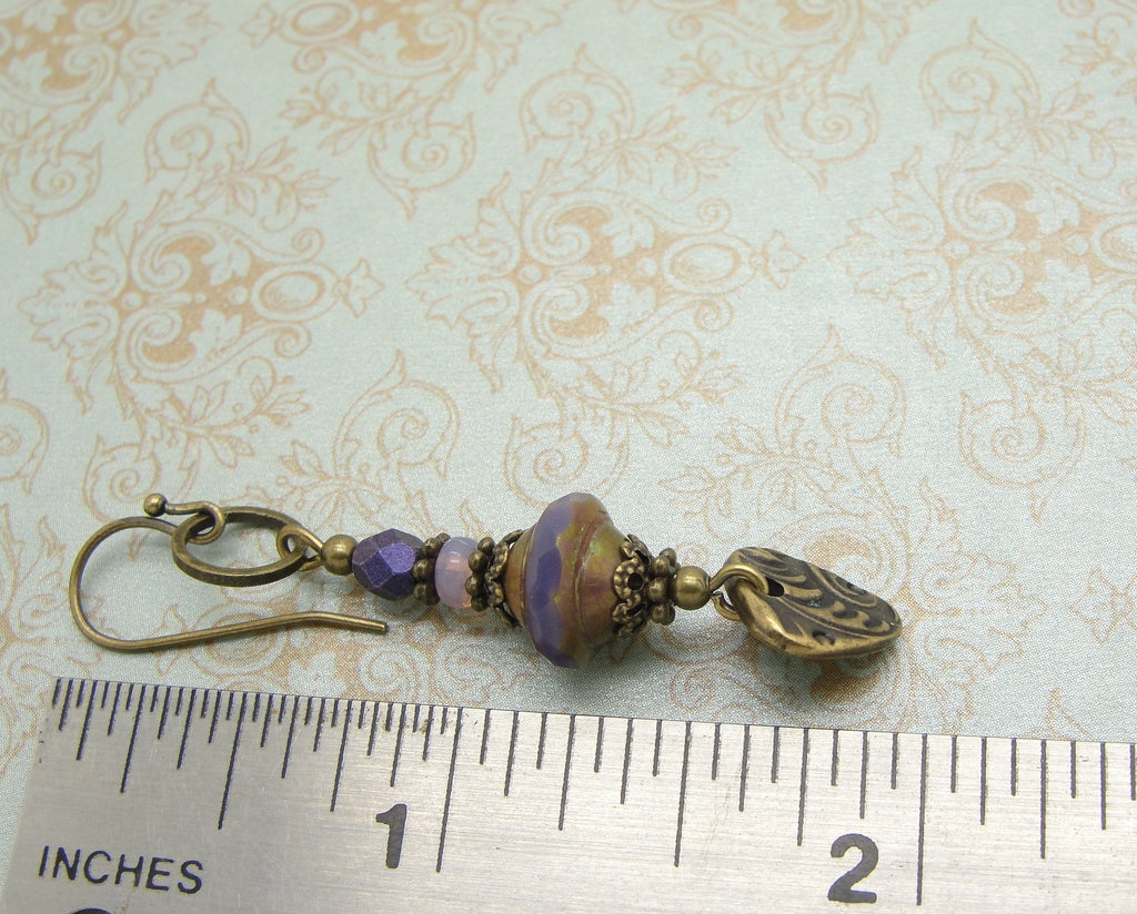 Long Purple Boho Earrings with Bohemian Dangles in Antiqued Brass ruler