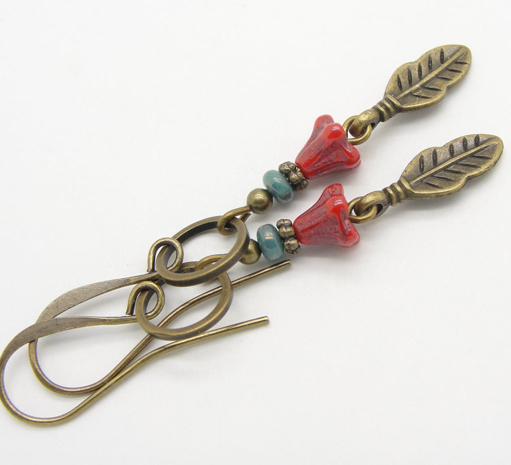 Long Boho Blue and Red Flower Earrings with Feather Dangles in Antiqued Brass by Cloud Cap Jewelry
