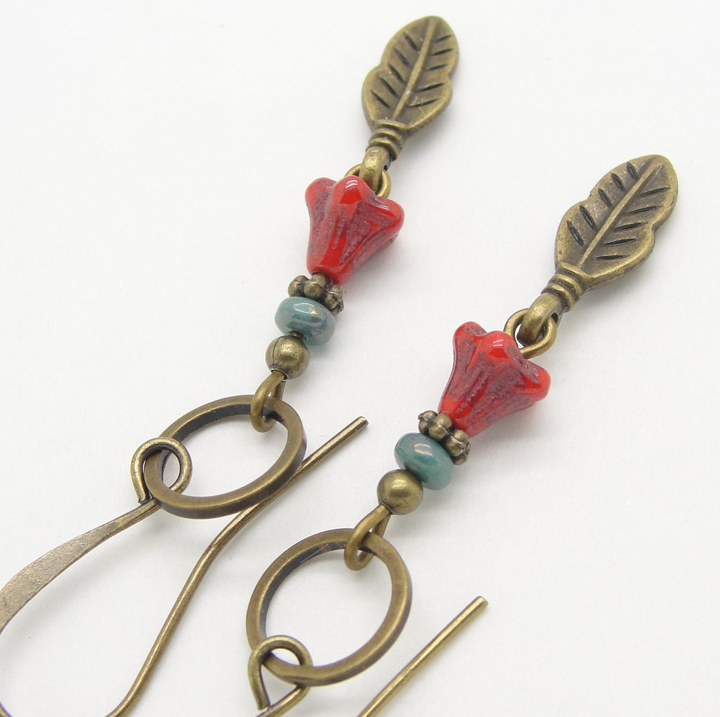 Long Boho Blue and Red Flower Earrings with Feather Dangles in Antiqued Brass ruler