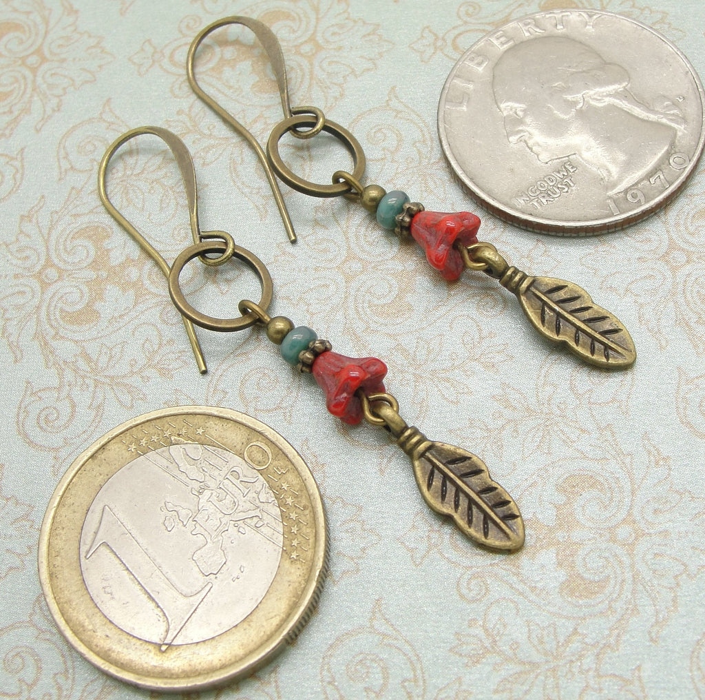 Long Boho Blue and Red Flower Earrings with Feather Dangles in Antiqued Brass coins