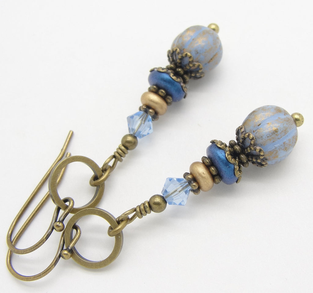 Denim Blue and Gold Czech Glass Earrings with Choice of Niobium or Brass Earwires