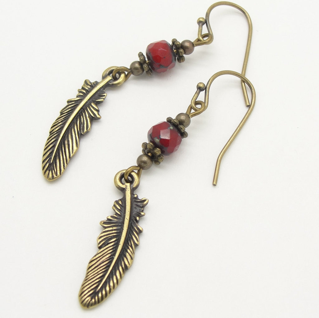 Long Boho Red Bead Earrings with Feather Dangles in Antiqued Brass and Czech Glass by Cloud Cap Jewelry