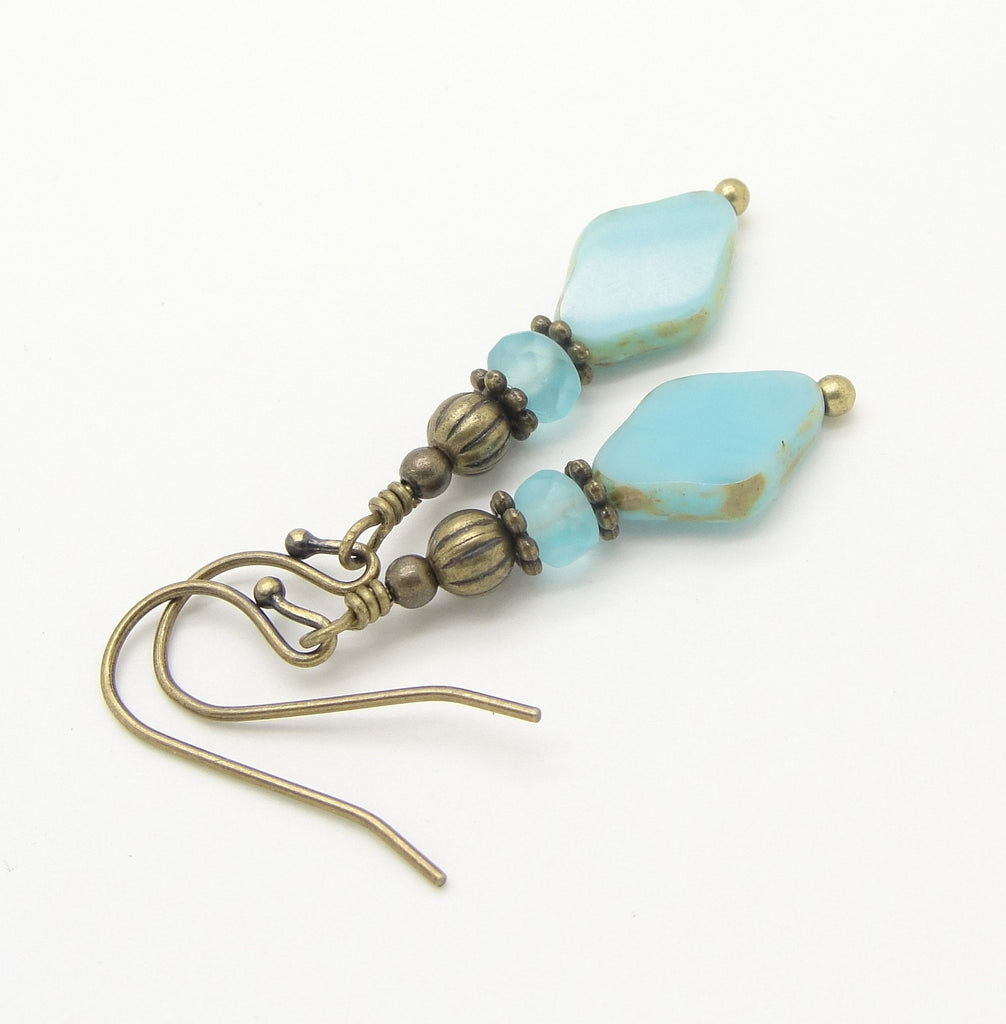 Sky Blue Diamond Shaped Glass Earrings with Antiqued Brass Beads