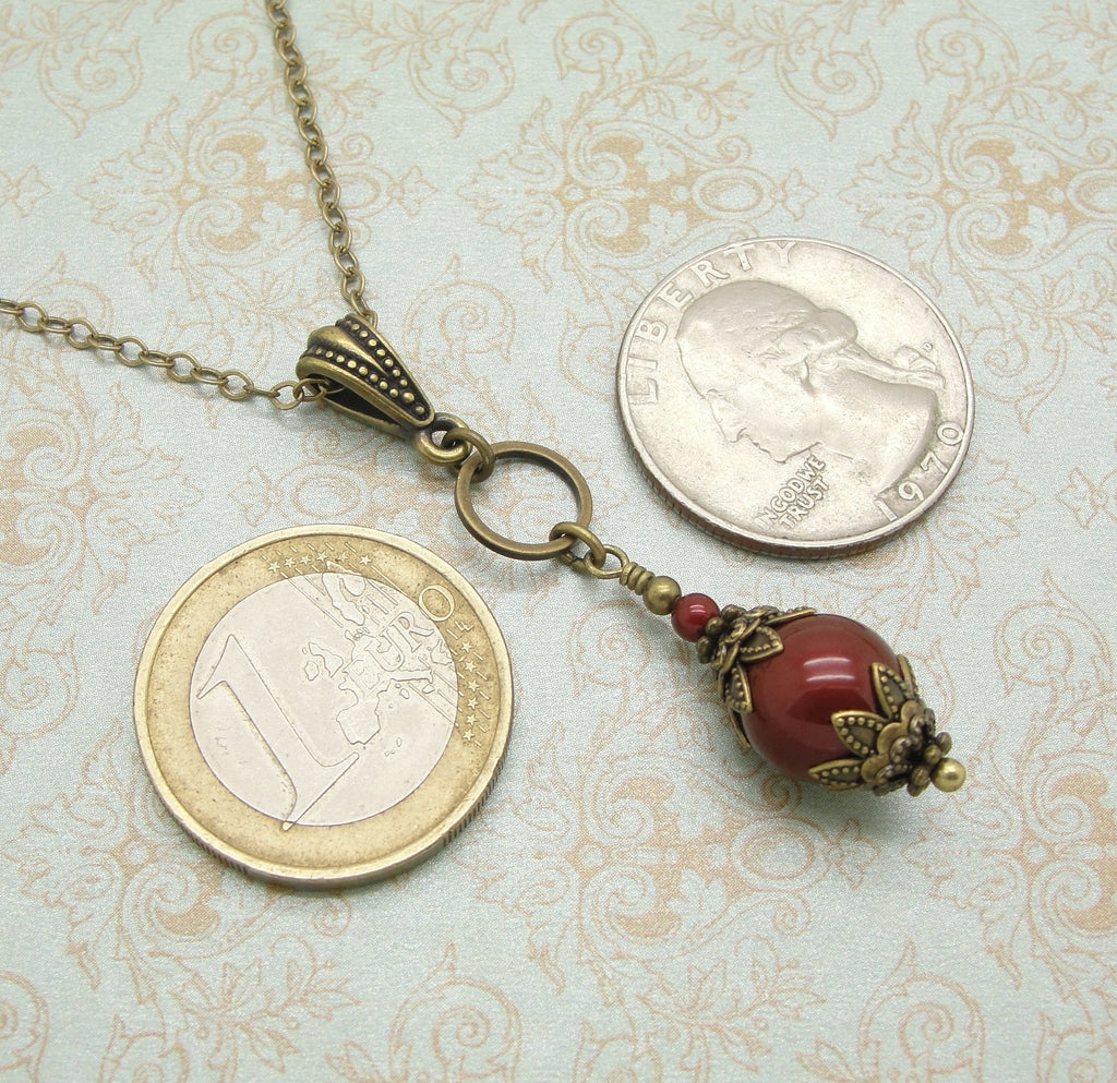Red Victorian Necklace with Swarovski Pearls in Bordeaux Wine Color coins