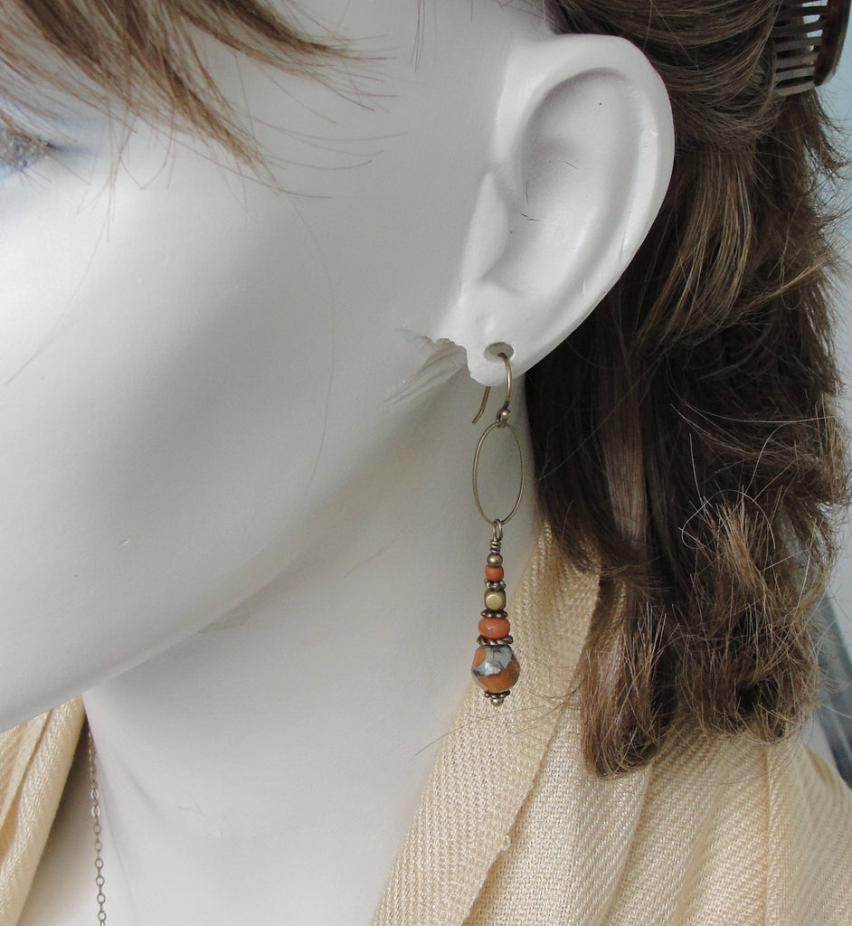 Long Boho Terra Cotta Orange Earrings with Stacked Czech Glass Beads and Antiqued Brass on