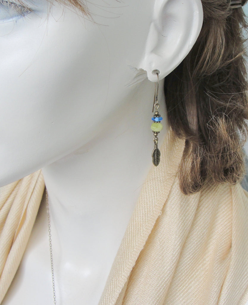 Long Boho Blue and Lime Green Earrings with Feather Dangles in Antiqued Brass on
