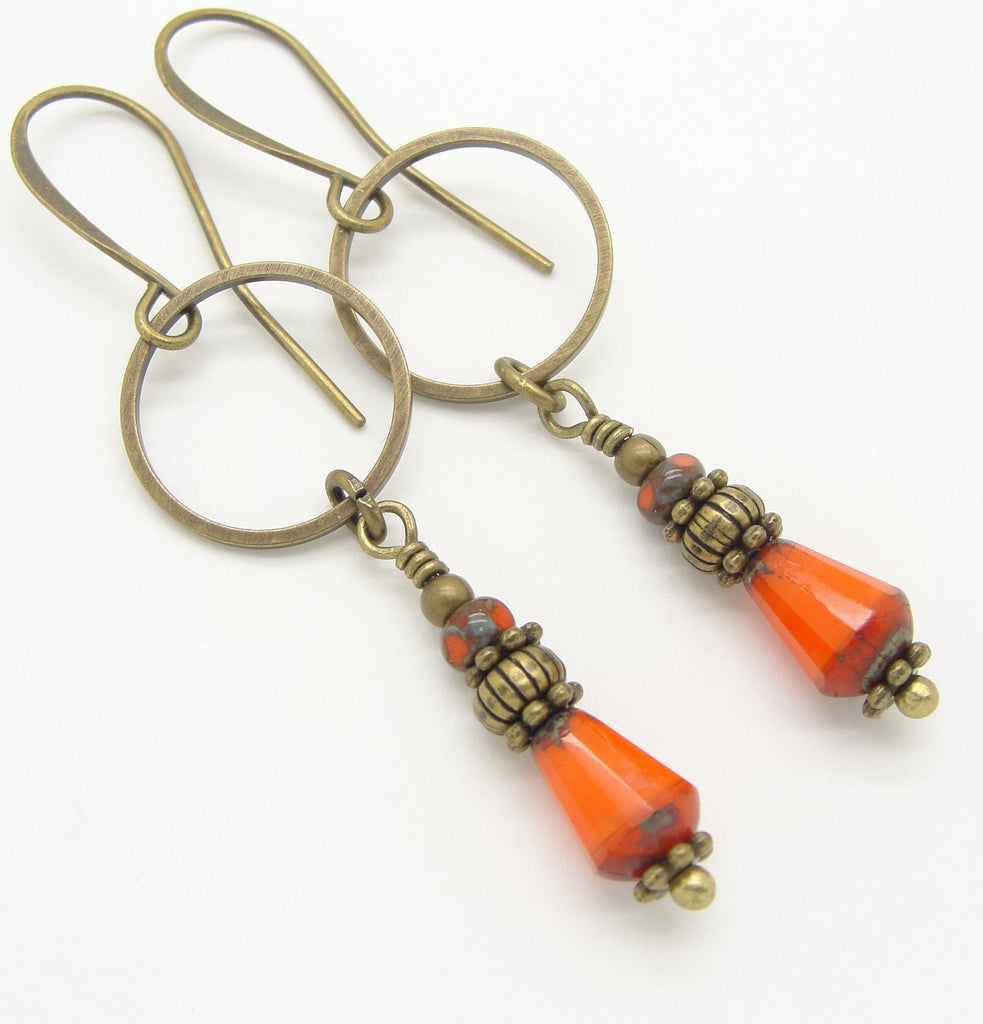 Long Safety Orange Earrings with Stacked Beads and Antiqued Brass Hoops by Cloud Cap Jewelry